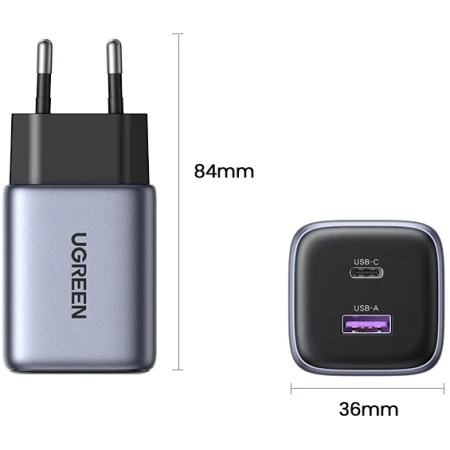 Зарядное устройство на 1xUSB-C+1 USB, 35W, QC3.0, Gan X CD350 (15539) UGREEN