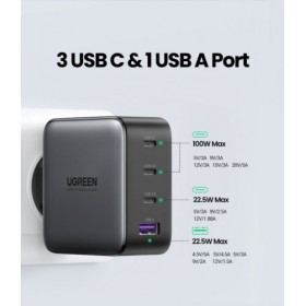 Адаптер Евровилка 220V на 3xUSB C+1 USB, 3A/5V, 100W, QC 3.0, Gan X UGREEN