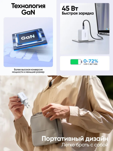 Зарядное устройство на 1C, 45W, QC4.0/PD3.0, Gan X + Кабель 1м, X524
