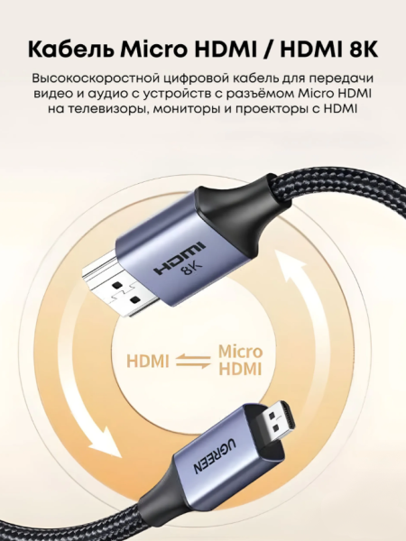 Кабель HDMI(m) - micro HDMI(m), V2.1, 8K@60Hz, 1m HD164 (15516) UGREEN