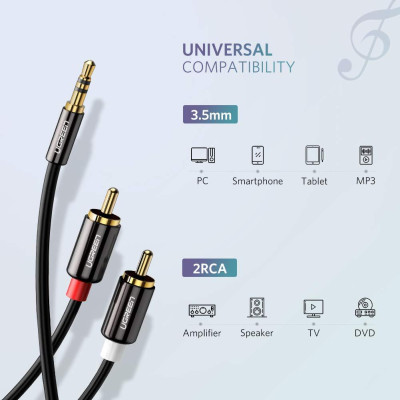 Кабель Audio(m) 3.5mm - 2RCA(m), 2m AV116 (10584) UGREEN