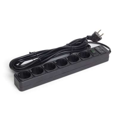 Сетевой фильтр iPower, iPEO5m-USB, 6 розеток, 5 м., два USB-порта, 220-240В, 10A, Чёрный