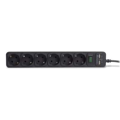 Сетевой фильтр iPower, iPEO5m-USB, 6 розеток, 5 м., два USB-порта, 220-240В, 10A, Чёрный