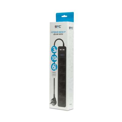 Сетевой фильтр, SVC, ZC6S-30M-USB, 6 розеток, 3 метра, два USB-порта, 220-250В, 10A