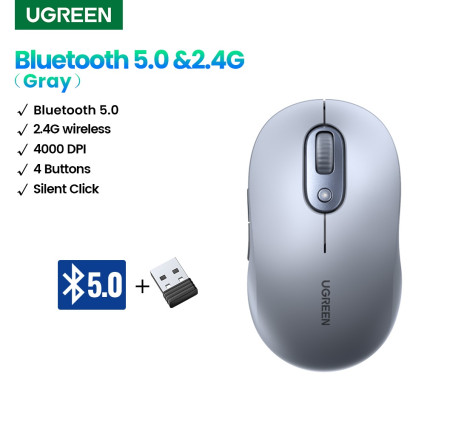 Мышь беспроводная UGREEN M556, 2.4GHz+BT, 4000dpi, Серый (45149) 1 х АА, не входит в комплект