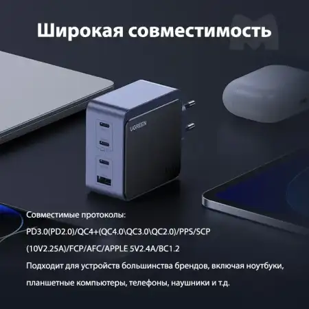 Зарядное устройство на 3xUSB C+1xUSB, 100W, QC4+/PD3.0, Nexode S, GaNInfinity X565 (35043) UGREEN