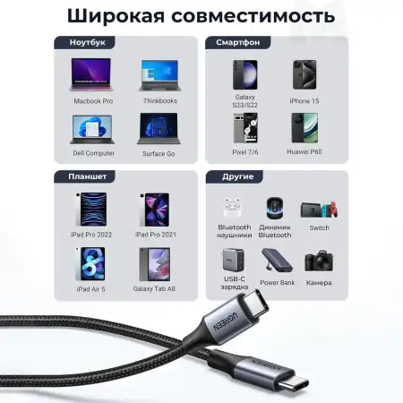 Кабель USB C - USB C, 480Mbps, 5A, QC4.0/PD3.1, 240W, 1m, US535 (15311) UGREEN