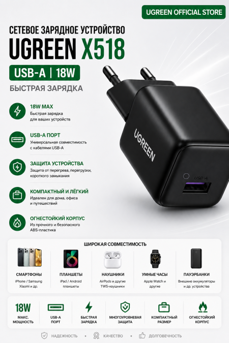Зарядное устройство на 1A, 18W, QC3.0 X518 (75613) UGREEN