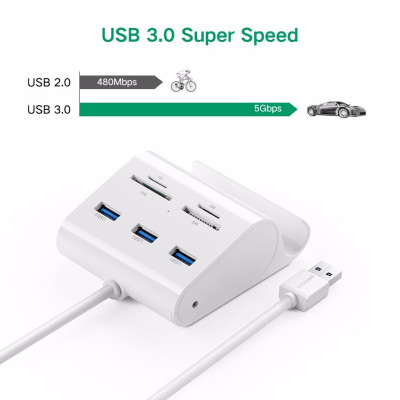 USB 3.0 3 port HUB + кардридер, 1m UGREEN 30344