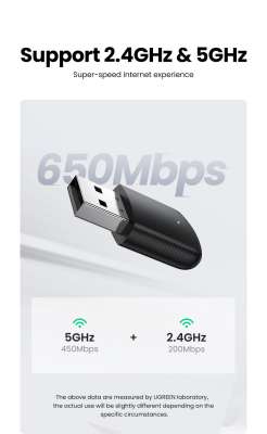 Wi-Fi5 AC650 Беспроводной сетевой адаптер 2.4GHz/5GHz CM448 (20204) UGREEN