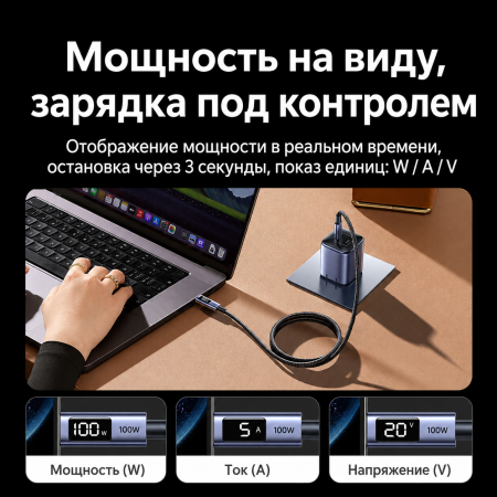 Кабель USB C - USB C, 480Mbps, 5A, QC4.0/PD3.0, 100W, 1m, Smart DigitalDisplay, L529 (65862) UGREEN