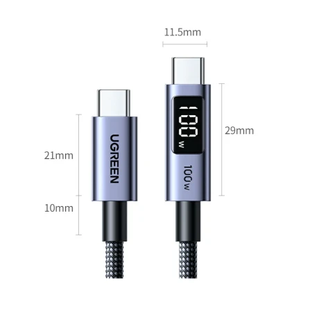 Кабель USB C - USB C, 480Mbps, 5A, QC4.0/PD3.0, 100W, 1m, Smart DigitalDisplay, L529 (65862) UGREEN