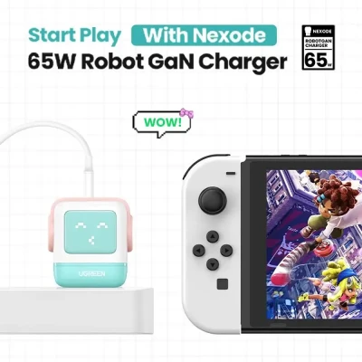 Зарядное устройство на 2xUSB-C+1 USB, 65W, QC4.0+, Nexode Robot GanN, Pink-Blue CD361 (35855) UGREEN