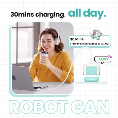 Зарядное устройство на 2xUSB-C+1 USB, 65W, QC4.0+, Nexode Robot GanN, Pink-Blue CD361 (35855) UGREEN