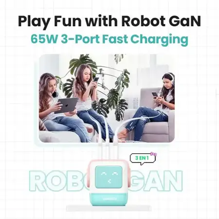 Зарядное устройство на 2xUSB-C+1 USB, 65W, QC4.0+, Nexode Robot GanN, Pink-Blue CD361 (35855) UGREEN