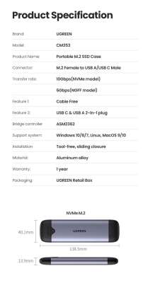 Корпус для установки M.2 SSD накопителя NVME M-Key (USB/USB C) UGREEN
