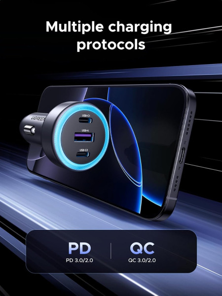 Автомобильное зарядное устройство QC3.0, PD3.0, 30W (2xUSB-C+USB-A) EC307 (45843) UGREEN