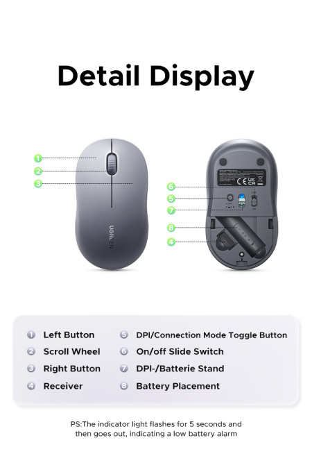 Мышь беспроводная UGREEN M331, 2.4GHz+BT, 4000dpi, Серый (65627) 1 х АА, не входит в комплект
