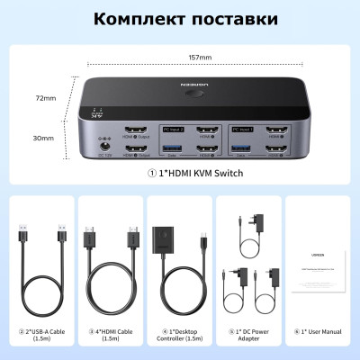 KVM Switch HDMI+USB 3.0 с двумя дисплеями, 2 входа, 2 выхода, 4K@60Hz AK500 (55455) UGREEN