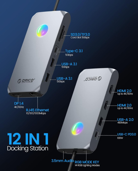Док-станция USB-C 12-в-1 (ORICO-XCR-X3-RG-BP)