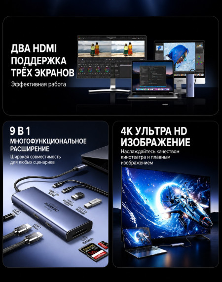 Док-станция USB-С 9-в-1, CM498A (85774) UGREEN