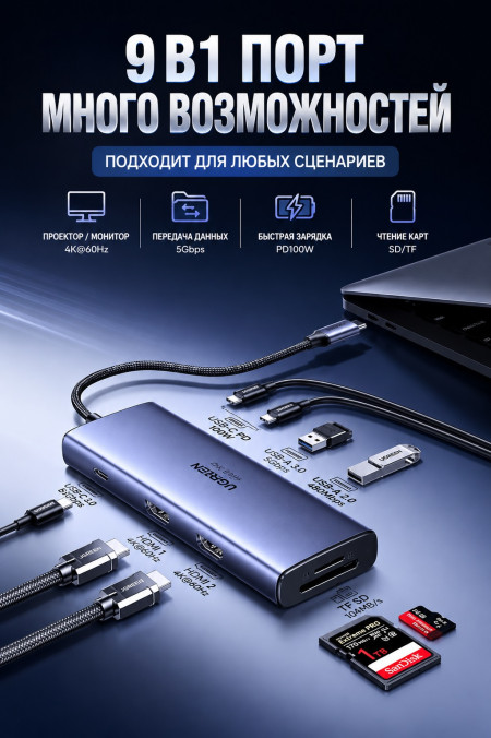 Док-станция USB-С 9-в-1, CM498A (85774) UGREEN