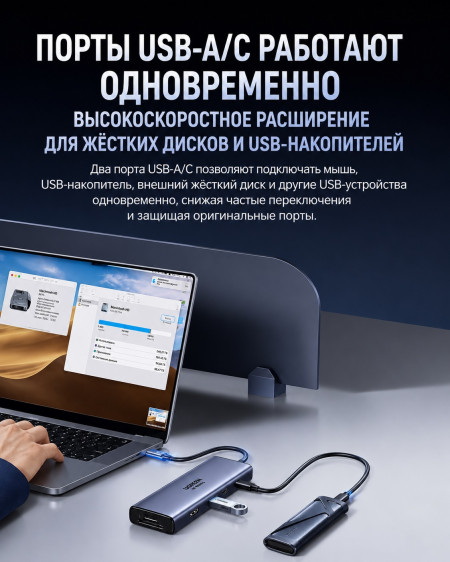 Док-станция USB-С 9-в-1, CM498A (85774) UGREEN
