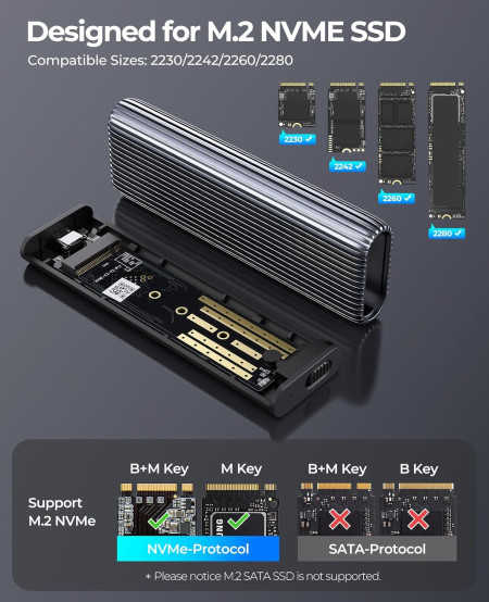 Корпус для установки M.2 SSD накопителя NVME M-Key/B&M-Key USB 3.2 Gen 2 (ORICO-AM2C3-G2-GY-BP)
