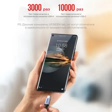 Кабель USB 2.0 - USB C, 480Mbps, 6A, Huawei SuperCharge, 1m US505 (20527) UGREEN