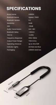 Bluetooth V5.0 Audio Receiver, 3.5mm + микрофон, CM309 (70601) UGREEN