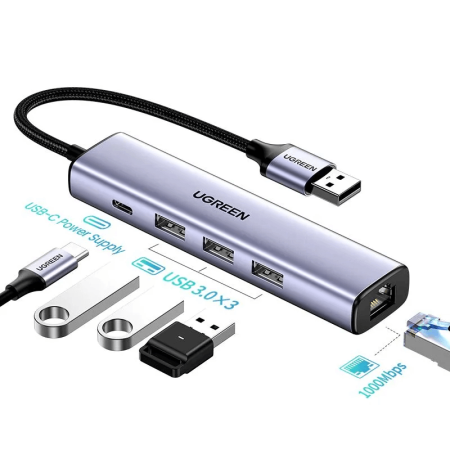 Конвертер USB 3.0 на LAN RJ-45,10/100/1000 Mbps + USB HUB 3 port, 0.2m CM475 (60554) UGREEN 