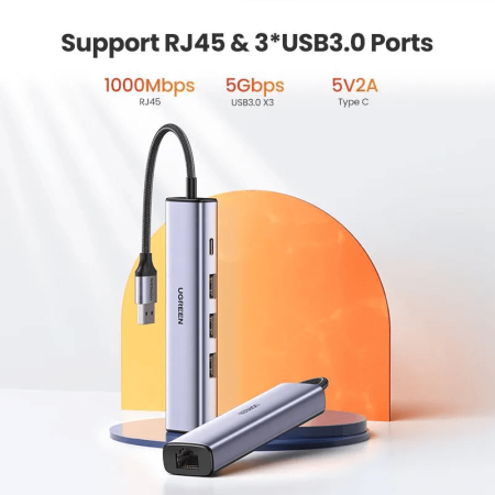 Конвертер USB 3.0 на LAN RJ-45,10/100/1000 Mbps + USB HUB 3 port, 0.2m CM475 (60554) UGREEN 