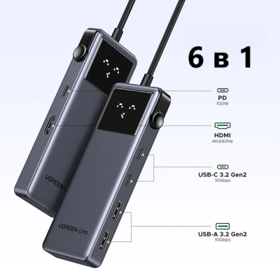 Док-станция USB-C 6-в-1 HDMI/2xUSB-C 3.2/2xUSB-A 3.2/PD 100W CM888 (35998) UGREEN