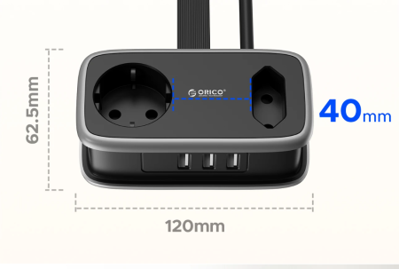 Удлинитель ORICO 2 розетки, 1.1м (ORICO-APP-2A3U-EU-BK-EP)