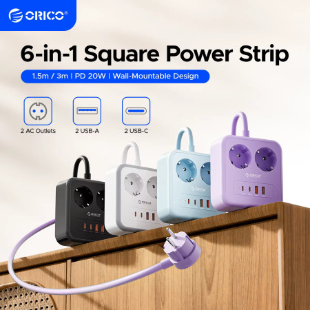 Удлинитель ORICO 2 розетки, 1.5м (ORICO-APD-2A2U2C-EU-20-BK-EP)