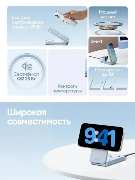 Беспроводное магнитное зарядное устройство 3-в-1, Wireless 25W, W757 (65901) UGREEN
