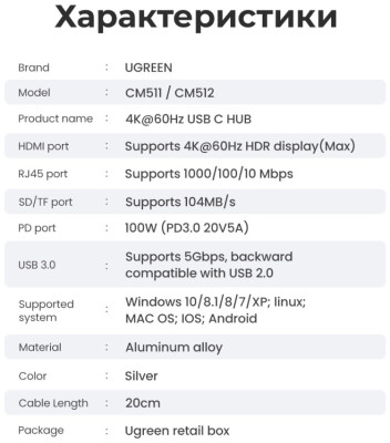 Док-станция USB-С 7-в-1, CM512 (60515) UGREEN