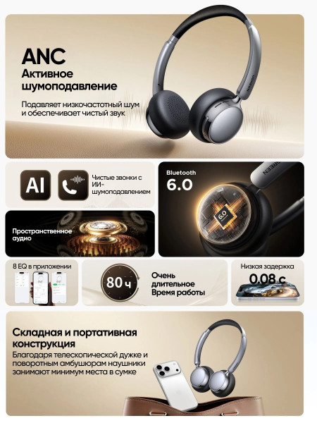 Гарнитура UGREEN Studio Plus HP207 (75630) Bluetooth, Серебристо-Черный