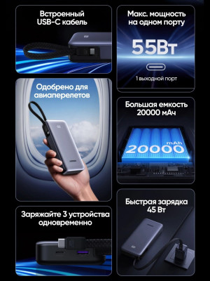 Мобильный аккумулятор Power Bank, 20000mAh, 55W, 2C1A, CCC, PB537 (95178B) UGREEN