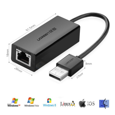 Конвертер USB 2.0 на LAN RJ-45,10 100 Mbps CR110 20254 UGREEN