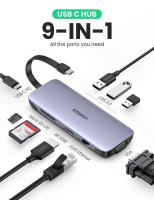 Конвертер USB 3.1m Type C на HDMI VGA LAN CardReader USB 3.0 HUB 3 port UGREEN