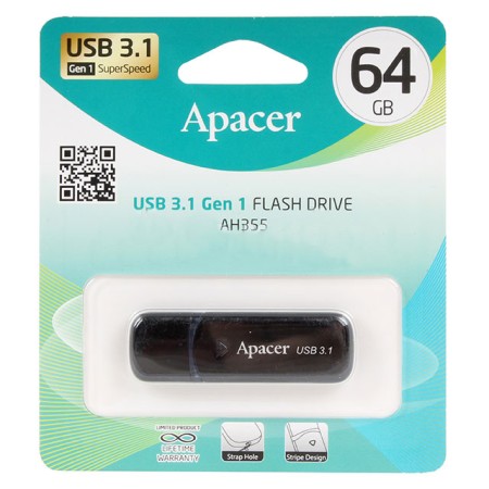 USB-накопитель, Apacer, AH355, AP64GAH355B-1, 64GB, USB 3.1, Черный