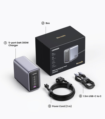 Зарядное устройство на 4xUSB C+1xUSB, 300W, QC4.0/PD3.1, Gan X CD333 (90903B) UGREEN