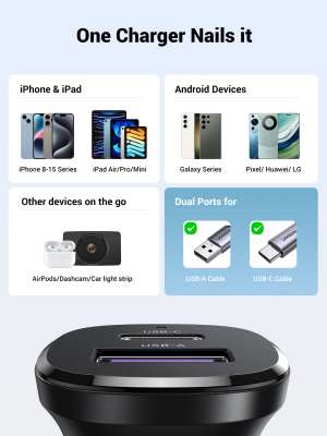 Автомобильное зарядное устройство QC3.0, 30W (USB-C+USB-A) EC305 (25845) UGREEN