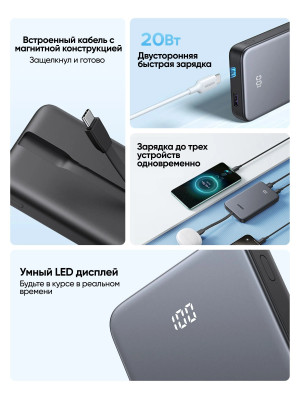 Мобильный аккумулятор Power Bank, 10000mAh, 20W, CCC, серый, PB526 (75161C) UGREEN