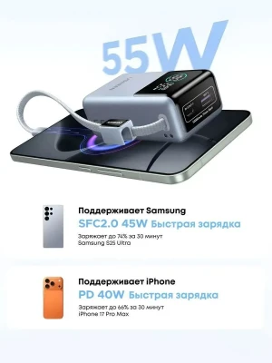 Мобильный аккумулятор Power Bank, 10000mAh, 55W, CCC, 1C1A, голубой, PB727 (75701C) UGREEN