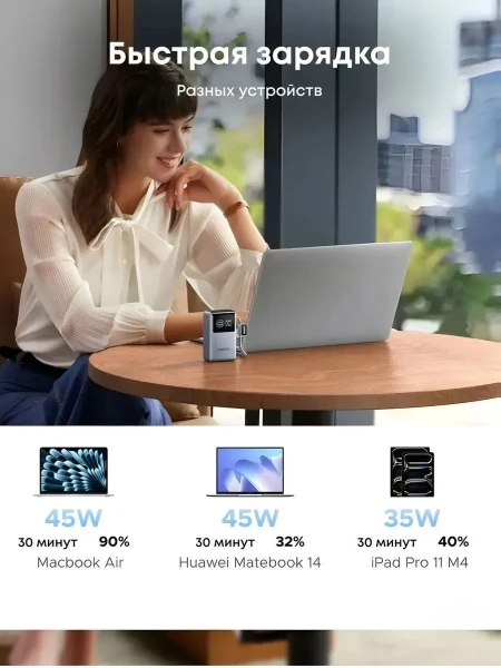 Мобильный аккумулятор Power Bank, 10000mAh, 55W, CCC, 1C1A, голубой, PB727 (75701C) UGREEN