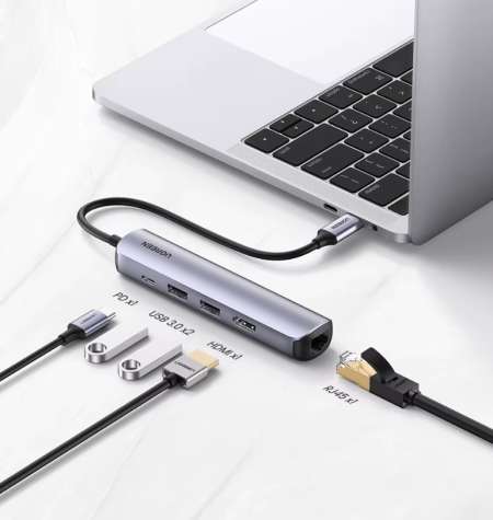 Конвертер USB 3.1(m) Type C на HDMI/LAN/USB 3.0 HUB 2 port/Type C PD 100W CM418 (10919) UGREEN