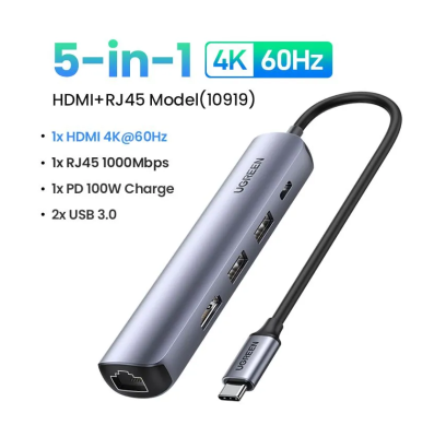 Конвертер USB 3.1m Type C на HDMI LAN USB 3.0 HUB 2 port Type C PD 100W CM418 10919 UGREEN