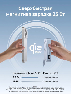 Мобильный аккумулятор Power Bank Mag-Safe, 20000mAh, 45W 1C+25W QI2.2, голубой, PB775 (65959) UGREEN